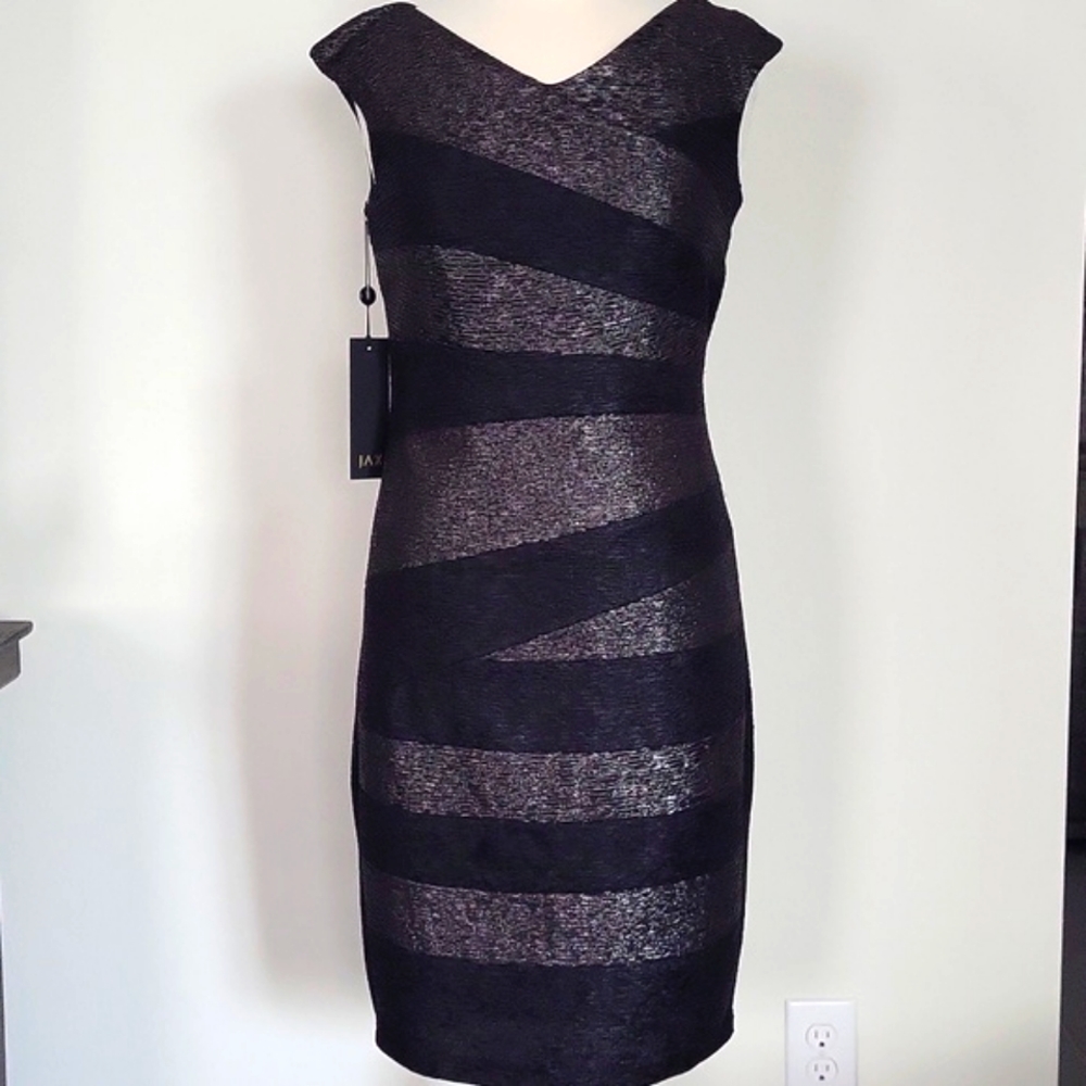 JAX Cocktail Dress Black & Silver Metallic Grey Crinkle Block Cap sleeve Size 6